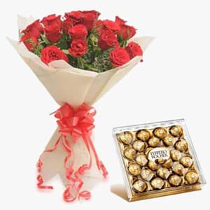 12 Red Roses with 24Pcs Ferrero Rocher Chocolates